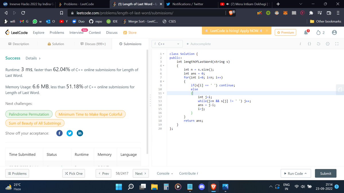SumrenderS's tweet photo. Day 85 of 100 Days of Code
@CodeinCommunity @MinutesCoding
Q. Length of Last Word
Code: https://t.co/QruRp2Ekgy
Discord community: https://t.co/MMcOpdDSba
#100daysofcodechallenge #codeincommunity #codein100daysofcode #s100daysofcode #coding https://t.co/ZkmGxeZEaM