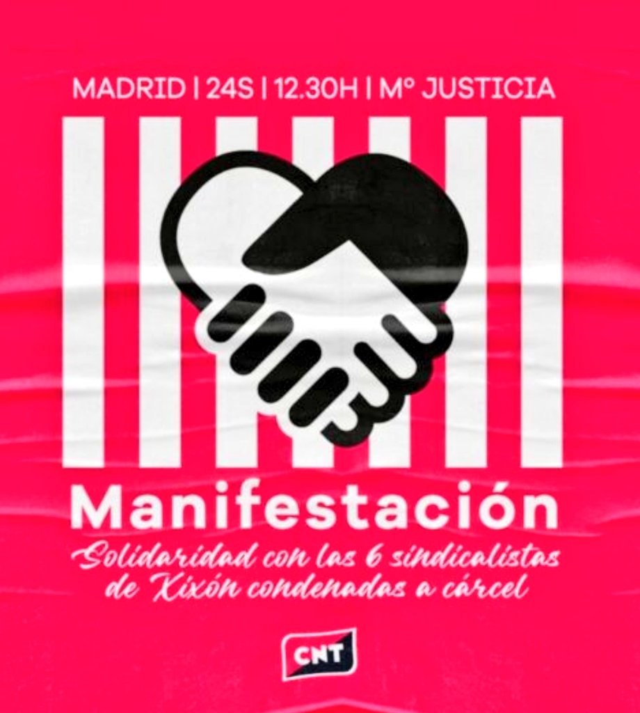⬛ 24S MANIFESTACIÓN contra la REPRESIÓN por la ABSOLUCIÓN de las 6 de CNT Xixón
🟥12:30h M°Justicia <M>
Noviciado
 
#CNTXixonAbsolucion
#SindicalismoNoEsDelito
#NiRepresionNiRepresalias