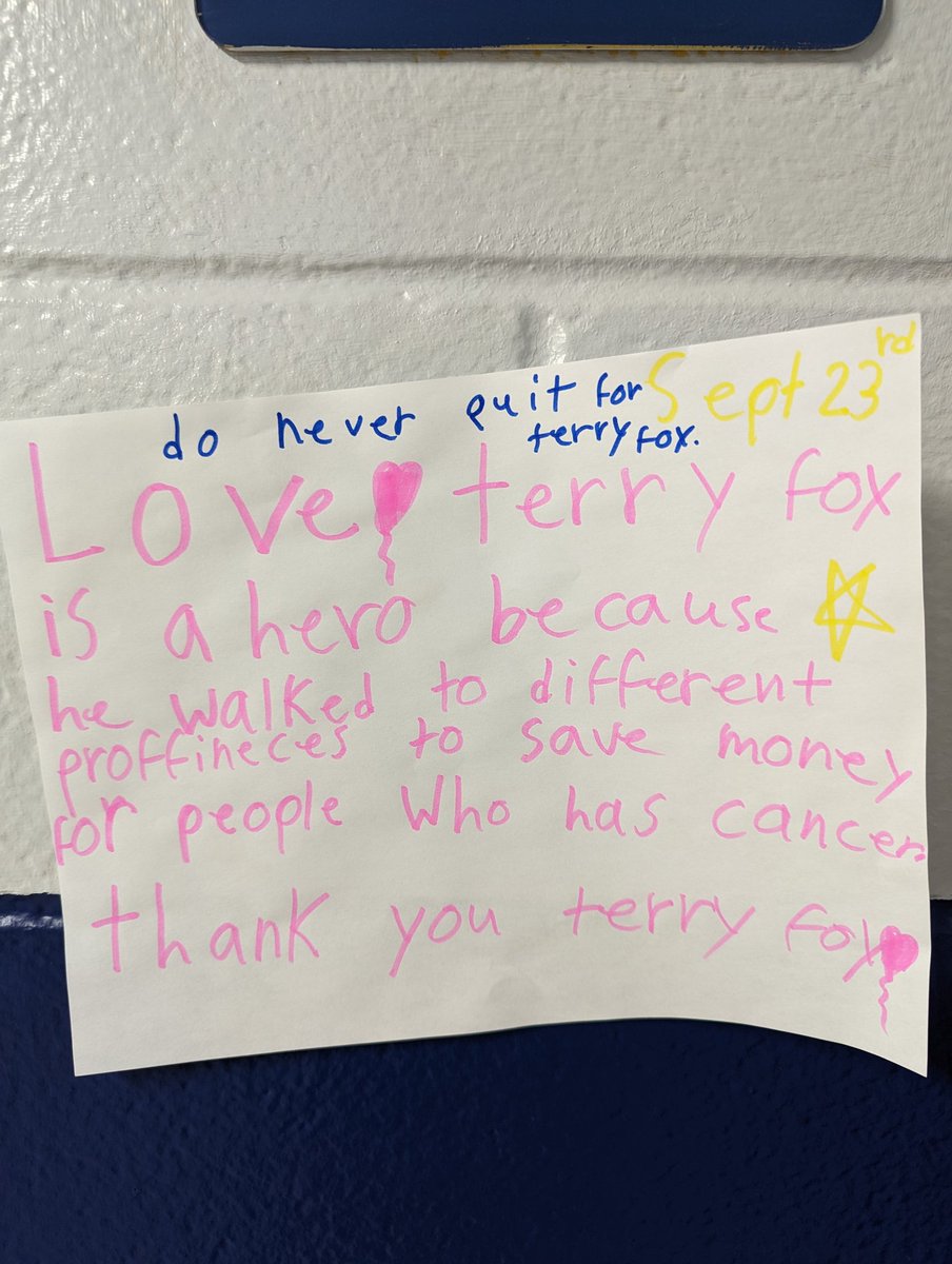 MmeFranceM's tweet photo. @FeatherstonPS Spirit Squad worked to create posters for the #noquit Terry Fox Run today! Thanks @TeachTOB for organizing such a wonderful event for our school community 👟 https://t.co/h6n2qtJ4eP