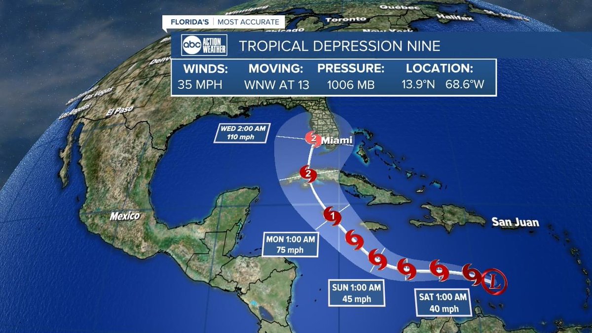 safepointins's tweet photo. Tropical Depression Nine has formed in the Central Caribbean Sea. There is still a lot of uncertainty with the forecast for early next week, and the track could change significantly. Click the link to review hurricane plans and gather necessary supplies: https://t.co/X8dD6v3ZJv https://t.co/EB69GnQXg5