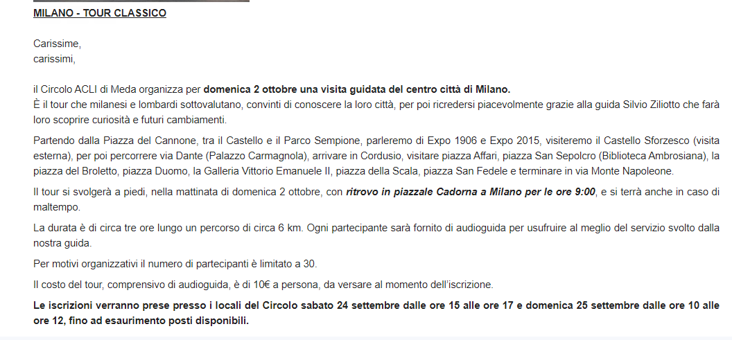 AcliMeda's tweet photo. Il Circolo Acli di Meda organizza un tour classico guidato di Milano... @ACLIMilanoeMB https://t.co/TIWxx5uSRu