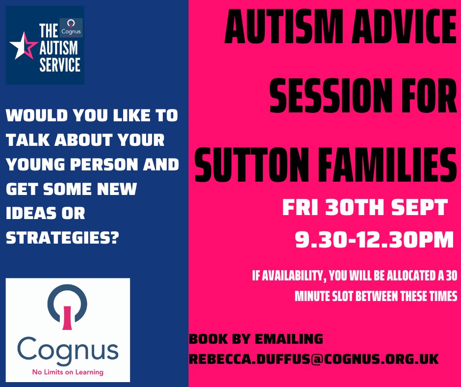 cognus_autism's tweet photo. Are you a Sutton family? Would you like to get some advice and ideas to better support your autistic young person?

Email rebecca.duffus@cognus.org.uk to book a slot for Friday.

#autism #autistic #suttonfamily https://t.co/vwW4Sp4a8E