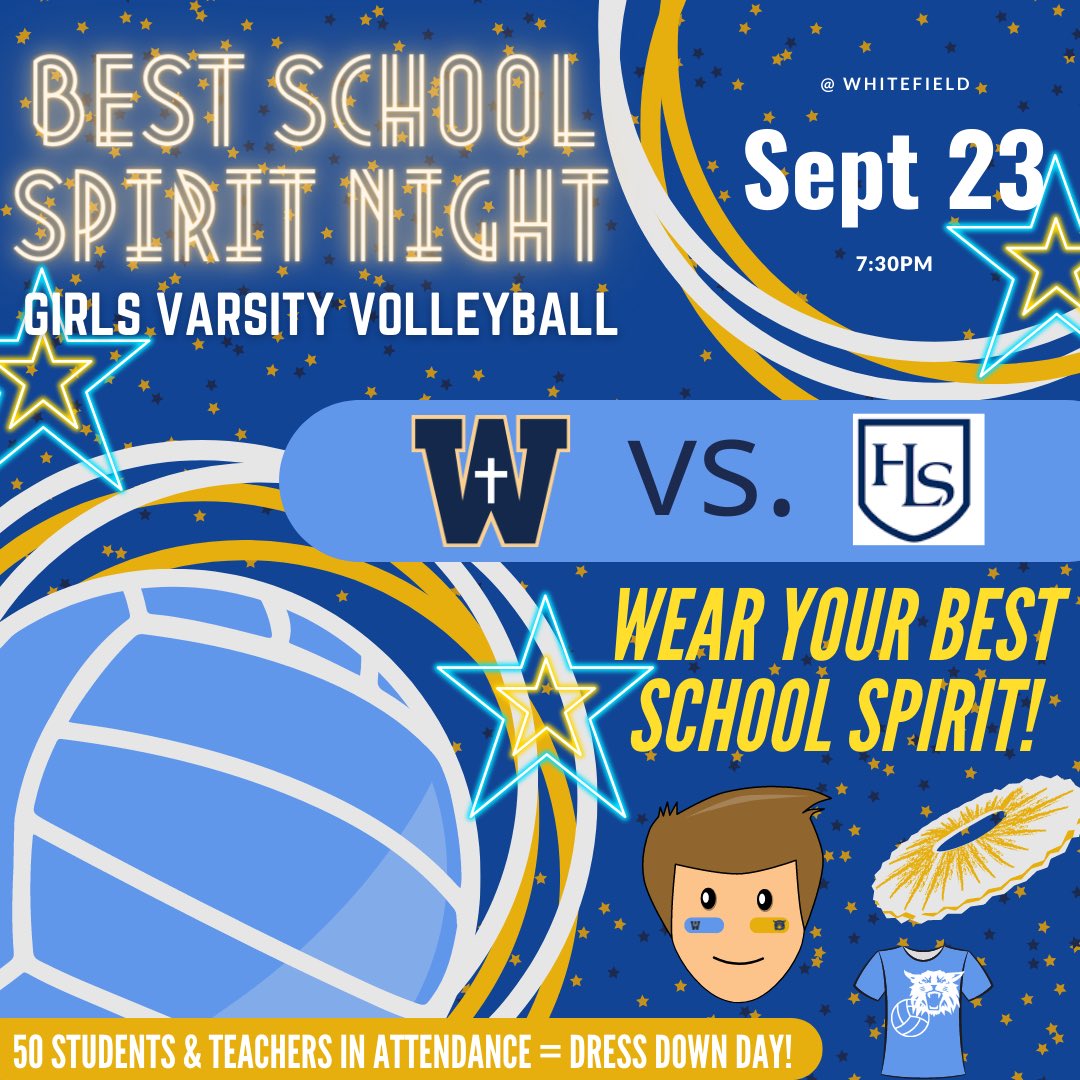 Come support the varsity girl’s volleyball team TONIGHT at 7:30pm at WA with your best school spirit gear for our BEST SCHOOL SPIRIT THEMED GAME! If 50students/staff attend, the high school will receive an extra Friday wear next week! Let’s go Ladycats!