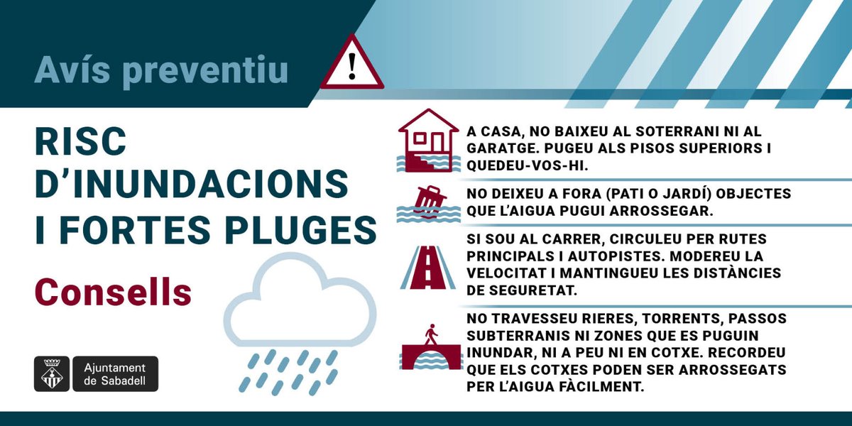 #AVÍS ⚠️ Activat el pla #INUNCAT ⛈️ en prealerta a #Sabadell

Es preveu episodi de pluges 🌧️ intenses a partir d'aquesta tarda i durant la nit i matinada

MOLTA PRUDÈNCIA ⚠️⚠️

➡️ Seguiu consells
