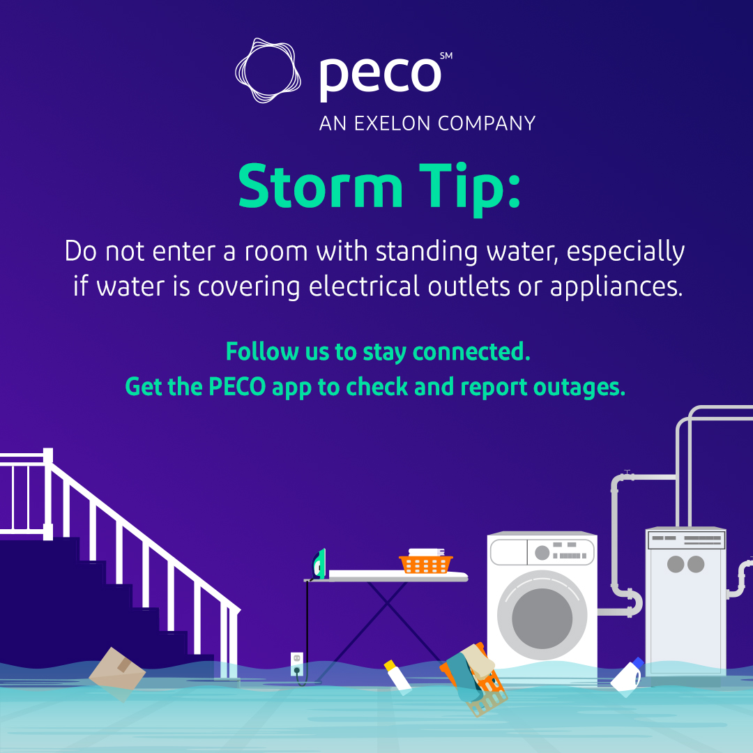 PECOconnect's tweet photo. #StormTip: Heavy rain, a severe storm, or other emergencies may lead to flooding indoors, which is a safety hazard. Once utility service is shut off, PECO cannot restore service until floodwaters recede and safety inspections can be completed. #NationalPreparednessMonth https://t.co/vcKMKmUF9T