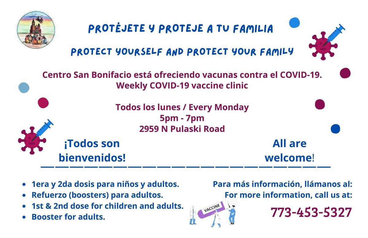 Centro San Bonifacio is offering COVID-19 vaccinations every Monday night from 5-7pm at 2959 N. Pulaski! We accept walk-ins, but encourage people to sign up using this form if possible:  forms.gle/yjHhJUosrrXAL5…
 
Spanish speaking services always offered! <a href="/CDRosa/">Cdrosa</a> <a href="/gilbert36ward/">Gilbert Villegas</a>