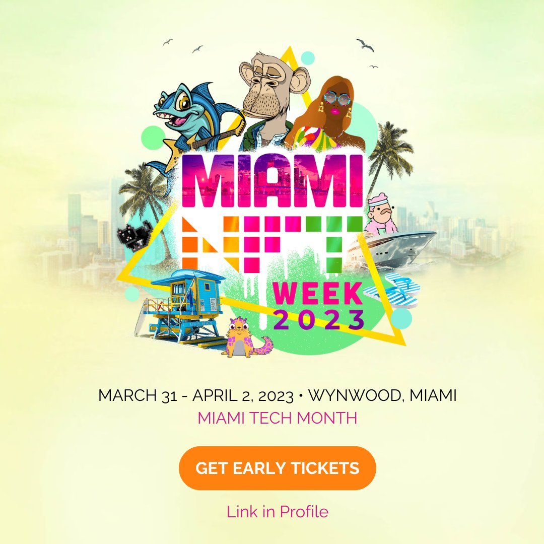 🎉 WE'RE EXCITED TO WELCOME YOU BACK FOR MIAMI NFT WEEK 2023! 
📆 March 31 - April 2nd 2023

😄 Join us to learn all about NFTs and network with your online Frens &amp; Web3 communities IRL (In Real Life). 

#nft #nftart #nftcommunity #nftartist #nftcollector #miaminftweek