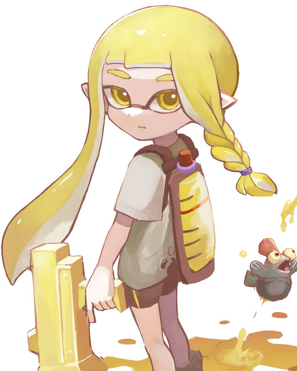 inkling ,inkling girl 1girl tentacle hair braid blonde hair shirt long hair yellow eyes  illustration images