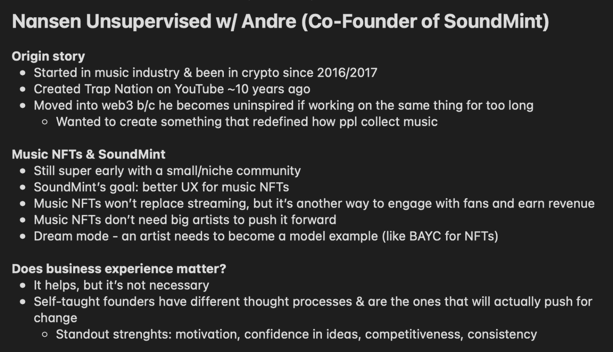 crypto_kat_'s tweet photo. friday means intern notes from Nansen Unsupervised w/ @nansen_intern and @benzspeaks from @soundmintxyz

this week:
- origin story, music NFTs, SoundMint
- business exp, pitching to VCs, working w/ artists
- building SoundMint, future plans
- &amp; more! https://t.co/uZ3hFkOSx1