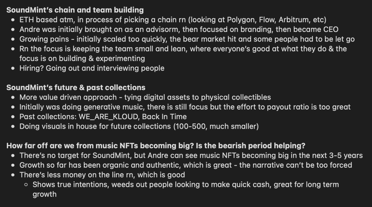 crypto_kat_'s tweet photo. friday means intern notes from Nansen Unsupervised w/ @nansen_intern and @benzspeaks from @soundmintxyz

this week:
- origin story, music NFTs, SoundMint
- business exp, pitching to VCs, working w/ artists
- building SoundMint, future plans
- &amp; more! https://t.co/uZ3hFkOSx1