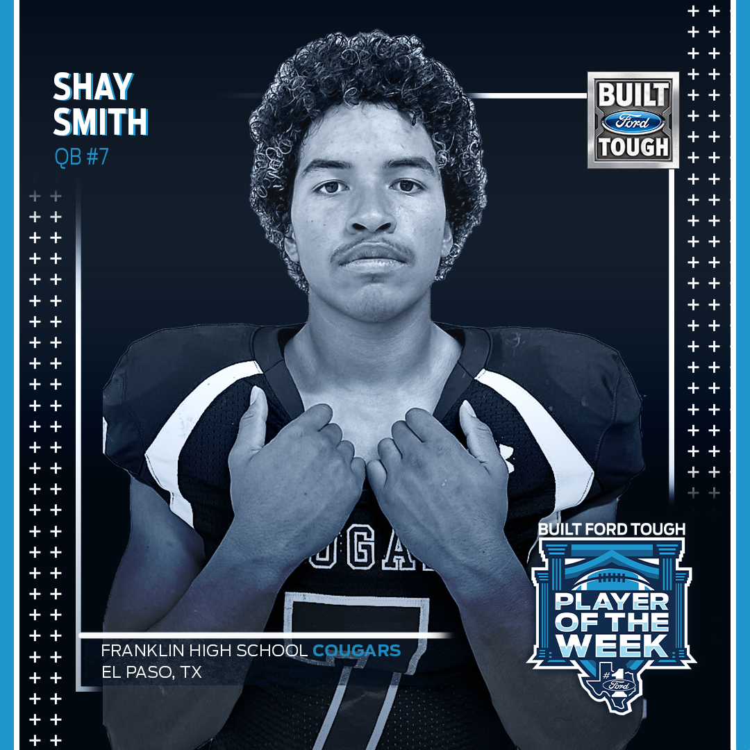 greatertxford's tweet photo. Jr. QB, @shaysmithQB7, was locked in during @ep_fhs_cougars 56-29 win over Americas. He aired it out for nearly 400 yds on 24 completions. His work wasn’t done there as he added 3 passing TDs &amp; 2 rushing TDs. Smith is the Class 6A #BFTPOW

#GreaterTXFord #Ford #TXHSFB https://t.co/QvYXlFP6C7