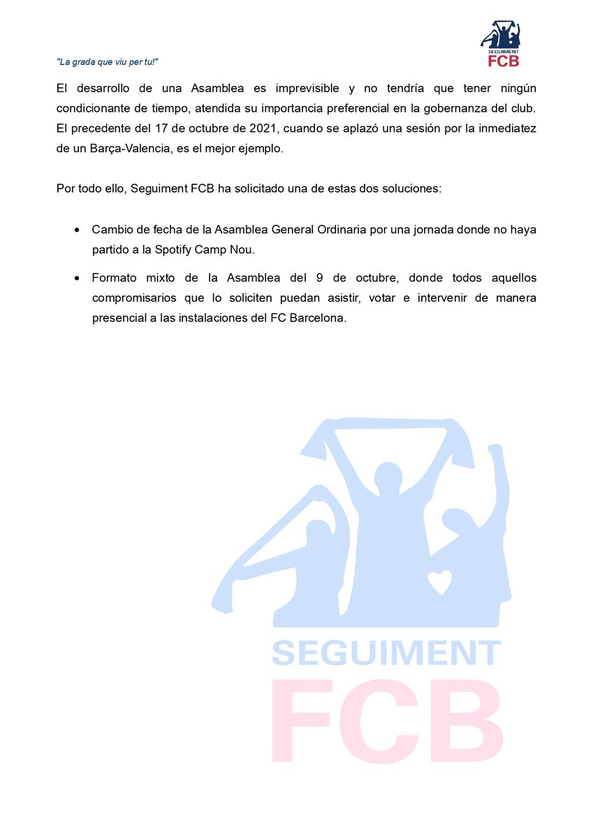⚠️ [COMUNICAT] Una Assemblea telemàtica en dia de partit és discriminatòria per als compromissaris de mitjana i llarga distància 

🗳️ Sol·licitem un canvi de data o un format mixt, on els compromissaris que ho sol·licitin puguin ser-hi presencialment👇
seguimentfcb.cat/una-assamblea-…