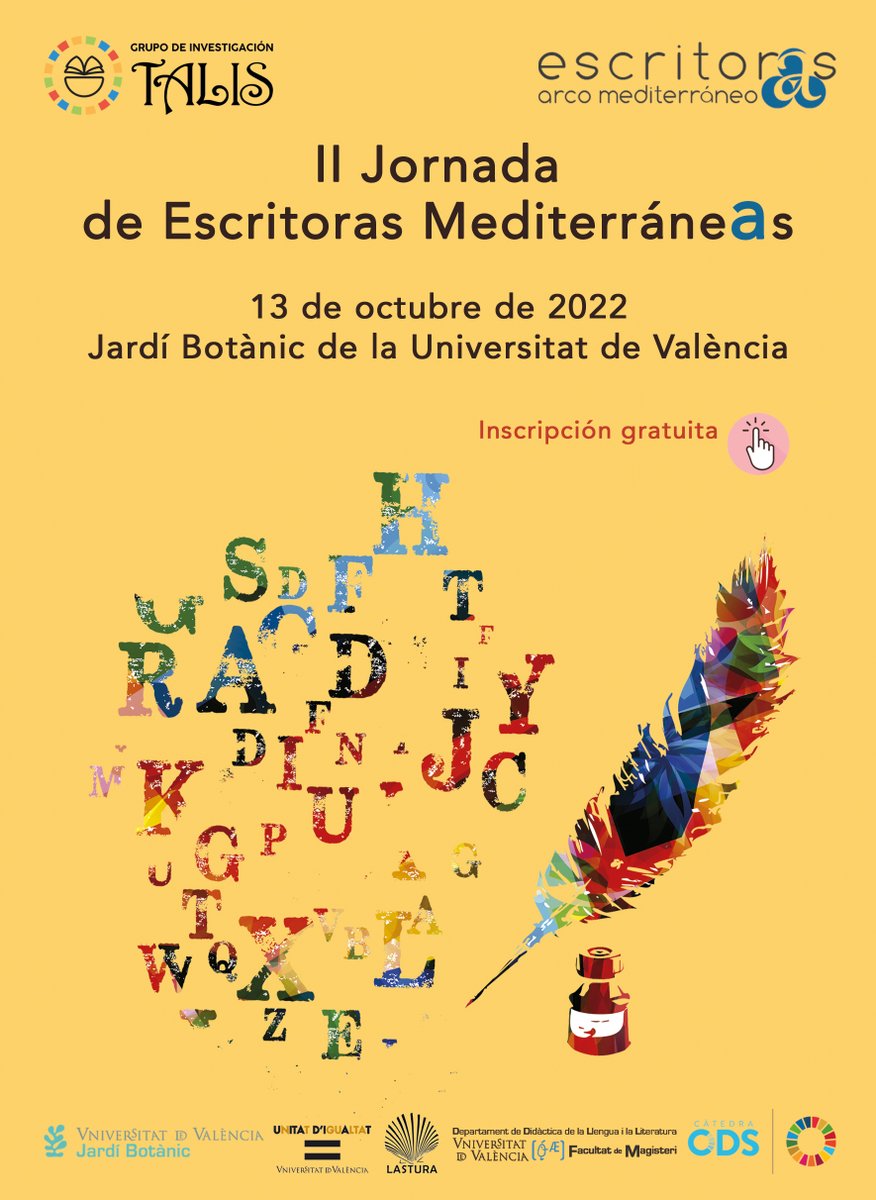 II Jornada de Escritoras Mediterráneas
13/10/2022, 16:30-19:00 h
Auditorio del Jardí Botànic (Universitat de València)
Inscripción gratuita: forms.gle/Lrtg7ECYKcsLKt…
(El programa se puede consultar en el mismo enlace)