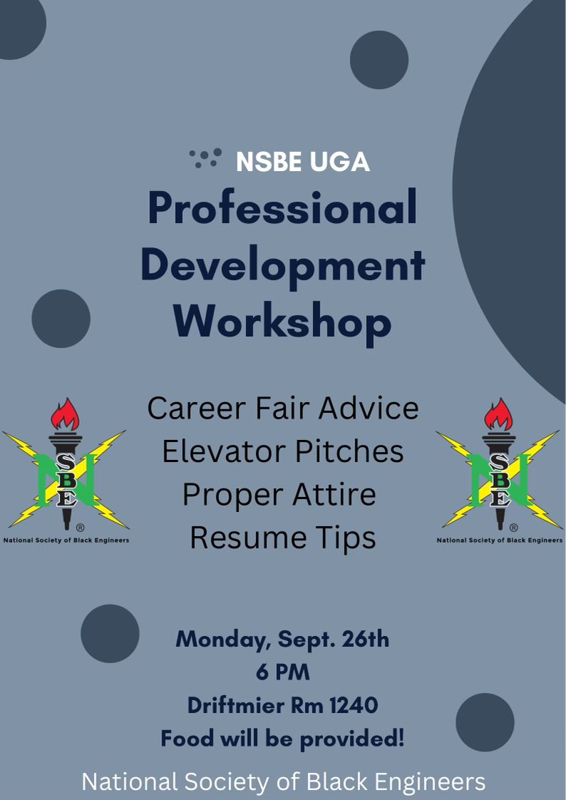 Come out and join NSBE at our third General Body meeting! Great opportunity to get prepared for the upcoming career fair!📝

Don’t forget to follow us on ig 
<a href="/nsbeuga/">UGA 🛠 NSBE</a>