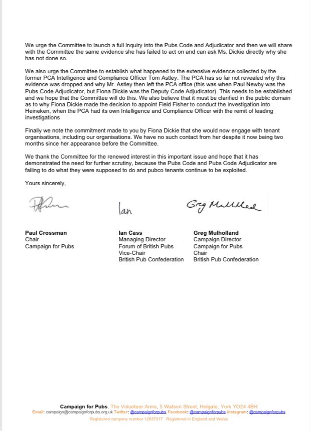 CampaignforPubs's tweet photo. The @CampaignforPubs @forpubs &amp; @GBPubConfed have written a joint letter to @CommonsBEIS about the oral evidence given to the Committee by @pubscodepca #PubsCodeAdjudicator Fiona Dickie. The #PubsCode is failing &amp; so is the Adjudicator. #Pubs need better.

https://t.co/3QhnyOGia3 https://t.co/R8UKZsBfkn