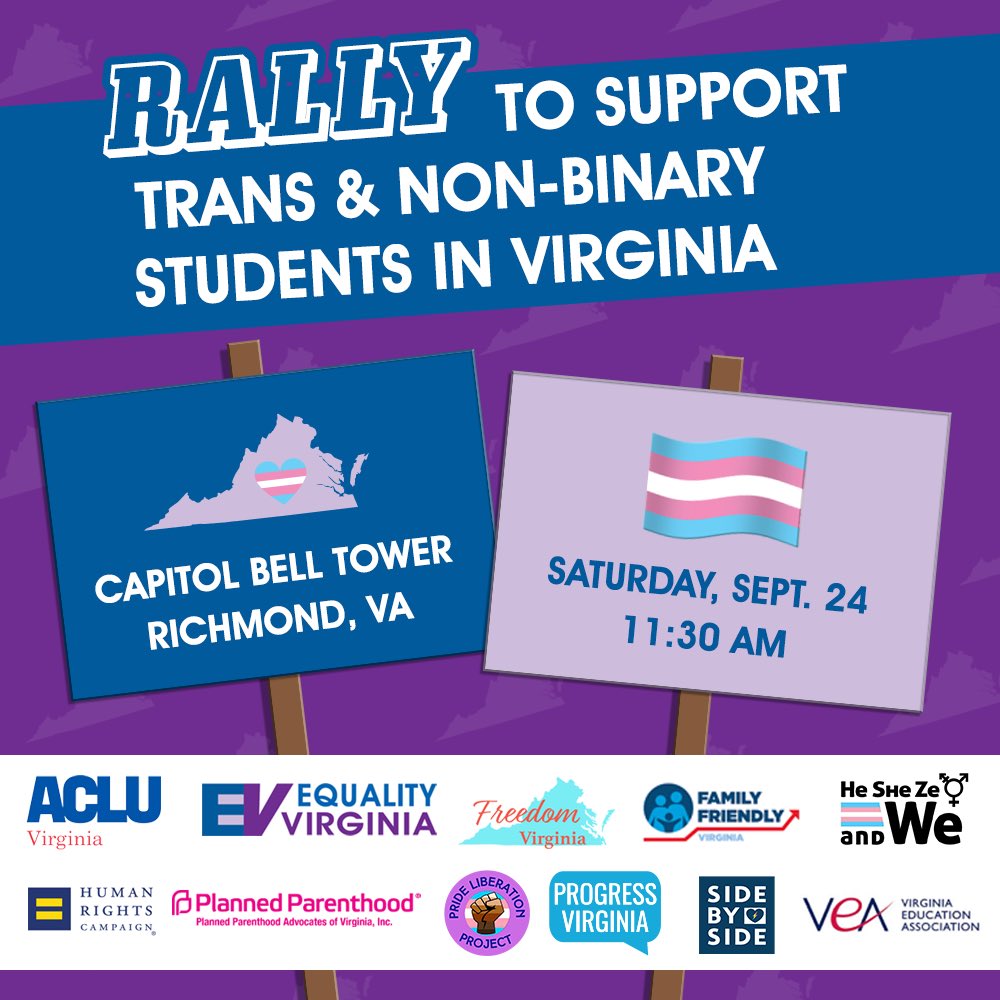 .@EqualityVA and partner organizations will be hosting a rally at the Capitol Bell Tower in Richmond tomorrow at 11:30 AM before the beginning of Pridefest. Let’s send a LOUD message of inclusion and support for the trans, non-binary, and questioning students across Virginia