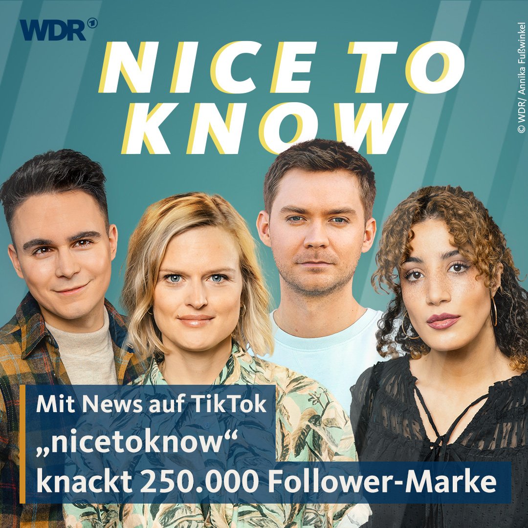 Vor 1,5 Jahren ist der #News-Kanal „nicetoknow“ auf #TikTok gestartet. Ziel: News &amp; Facts für Jugendliche - relevant, verständlich &amp; auf Augenhöhe. Mit Erfolg! Das Team produziert regelmäßig Videos mit Views in Millionenhöhe. Jetzt wurde die 250.000-Follower-Marke geknackt. ✨ 👏