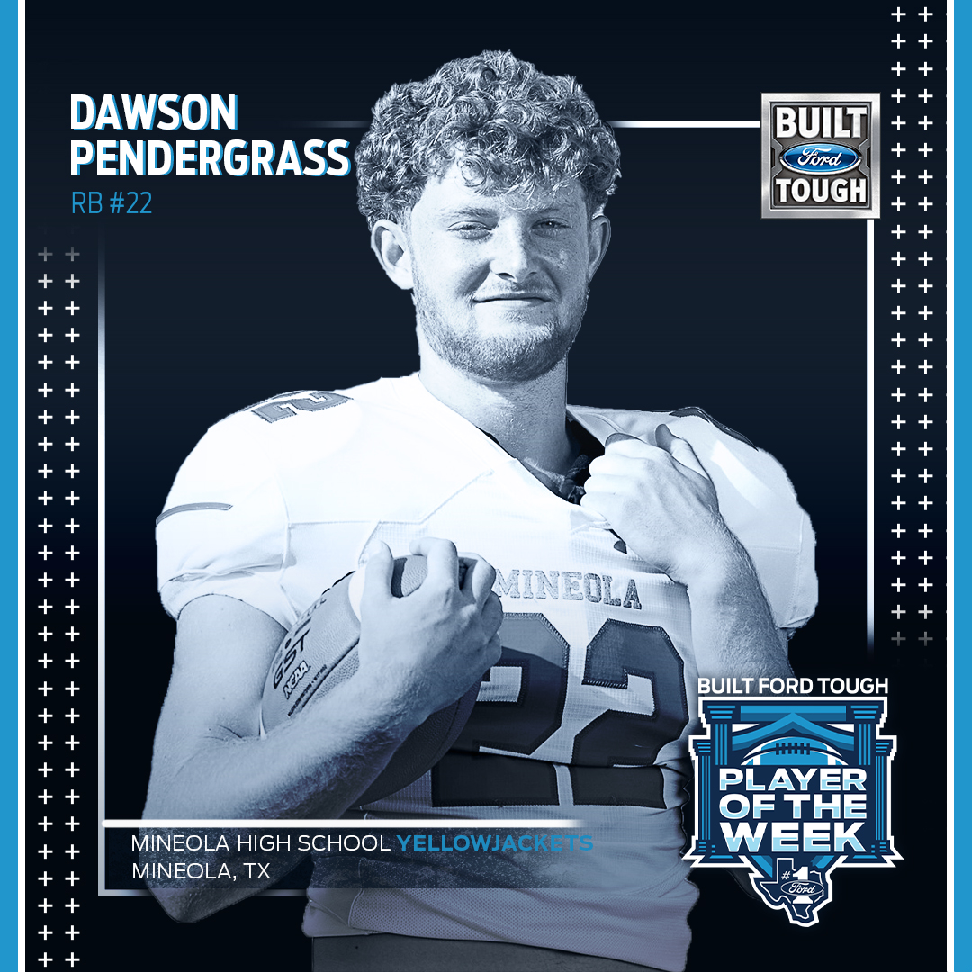 * @MineolaHigh Sr. RB put on a dazzling performance this past week. @Dawson_Penni had 311 rushing yds, 4 receptions, 44 receiving yds & 5 TDs. Pendergrass was instrumental in his team’s 44-43 win over Bullard. He's this week’s Class 3A #BFTPOW #GreaterTXFord #Ford #TXHSFB