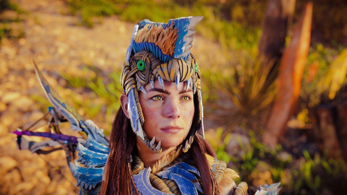 Aloy 🤩 loving this outfit's details #HorizonForbiddenWest #BeyondTheHorizon #PS5 <a href="/Guerrilla/">Guerrilla</a> <a href="/PlayStation/">PlayStation</a> #photomode #VideogamePhotography