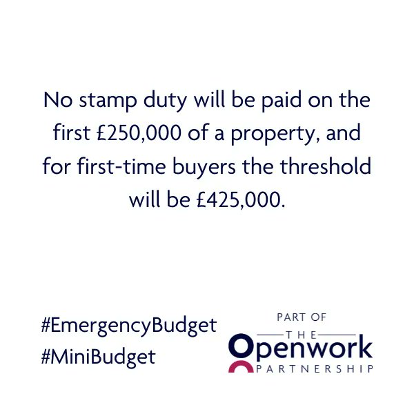LeamFS's tweet image. No stamp duty will be paid on the first £250,000 of a property, and for first-time buyers the threshold will be £425,000. #EmergencyBudget #MiniBudget