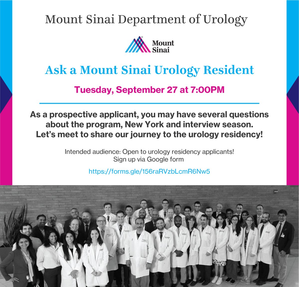 Mount Sinai Department of Urology (@mountsinaiuro) on Twitter photo You're invited to attend “Ask Mount Sinai Urology Resident” session on Tuesday, September 27 at 7:00PM. This is an opportunity to ask about urology residency, New York and interview season. <a href="/AshTewariMD/">Ash Tewari, MD</a> <a href="/ERASinfo/">ERAS</a> <a href="/Priyank03581152/">Dr. Priyanka Dwivedi</a>
Sign up via Google form: forms.gle/156raRVzbLcmR6… You're invited to attend “Ask Mount Sinai Urology Resident” session on Tuesday, September 27 at 7:00PM. This is an opportunity to ask about urology residency, New York and interview season. <a href="/AshTewariMD/">Ash Tewari, MD</a> <a href="/ERASinfo/">ERAS</a> <a href="/Priyank03581152/">Dr. Priyanka Dwivedi</a>
Sign up via Google form: forms.gle/156raRVzbLcmR6…