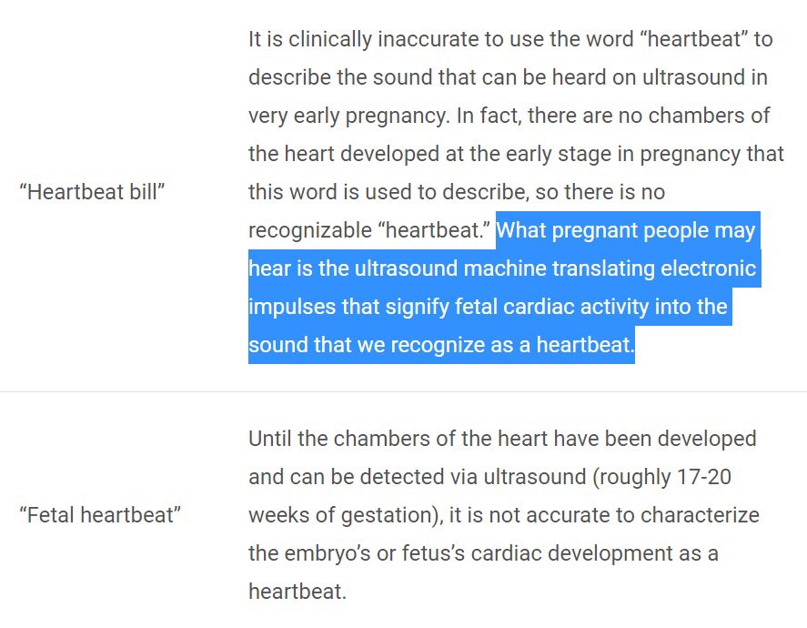 Screenshot of a resource from ACOG that states, “What pregnant people may hear is the ultrasound machine translating electronic impulses that signify fetal cardiac activity into the sound that we recognize as a heartbeat.”