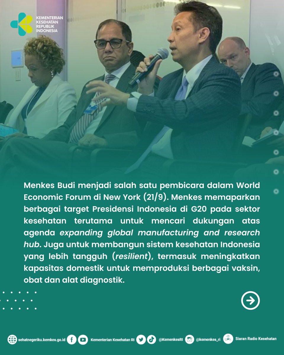 #Healthies, Menteri Kesehatan RI, @BudiGSadikin hadir dalam World Economic Forum yang digelar di New York, Amerika Serikat (21/9) untuk membahas upaya penguatan arsitektur kesehatan global dalam menghadapi pandemi yang akan datang.