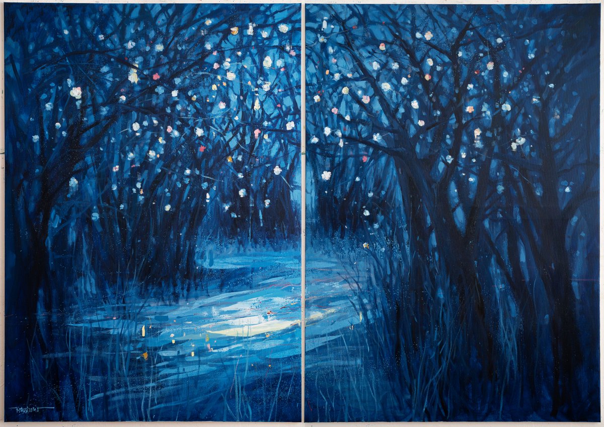 AllInLine1's tweet photo. Those who appreciate symmetry are at ease today because day and night are equal at the time of the equinox. Krassimir Kolevin's magical paintings in deep blue are also precisely aligned on the wall. 😇 

#Equinox #design #interiordesign #Canvas https://t.co/VeuSX72c29