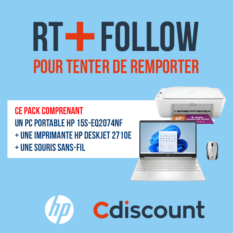 Cdiscount's tweet image. 🎁 #Concours 
Ce pack PC portable HP 15&quot; FHD (Ryzen 5-5500U - 8Go - 512Go SSD - W11) + une imprimante HP DeskJet 2710e + une souris sans-fil, à remporter : bit.ly/3divS2E

✔️ Pour tenter ta chance : RT + FOLLOW @Cdiscount
🍀 TAS le 29/09