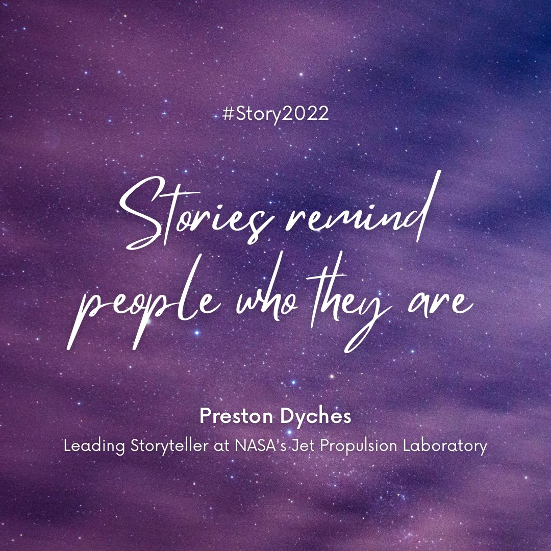 Purple tinted night sky. Words that read “stories remind people who they are. Preston Dyches. Leading storyteller at NASA’s Jet Propulsion Laboratory”