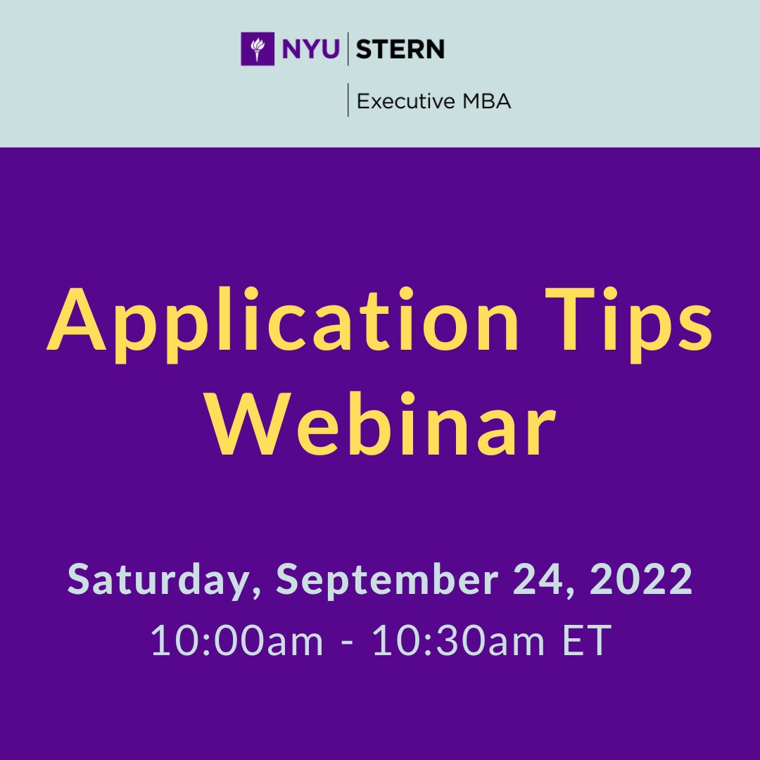 Weekend Application Tips Webinar 
Tomorrow, September 24th at 10:00am ET

What makes a strong #SternEMBA application? Find out ahead of the First Deadline on October 1st for the January 2023 intake. 

Register here: ow.ly/oOwV50KRvHv