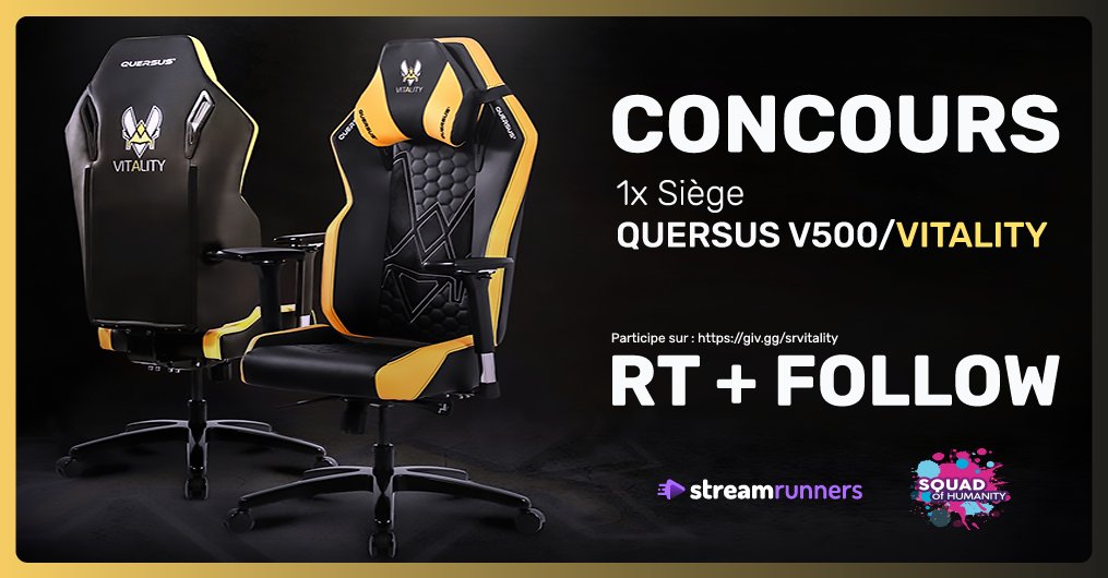 StreamRunnersFR's tweet photo. #CONCOURS

🎁Aujourd'hui, nous faisons gagner un Siège QUERSUS V500 #Vitality grâce à l'évènement de la #squadofhumanity !!!

Participer sur https://t.co/SZyOn071m3

RT + FOLLOW @StreamRunnersFR &amp; @squad_humanity 

#giveaway #cadeaux https://t.co/JPtANCjSqw