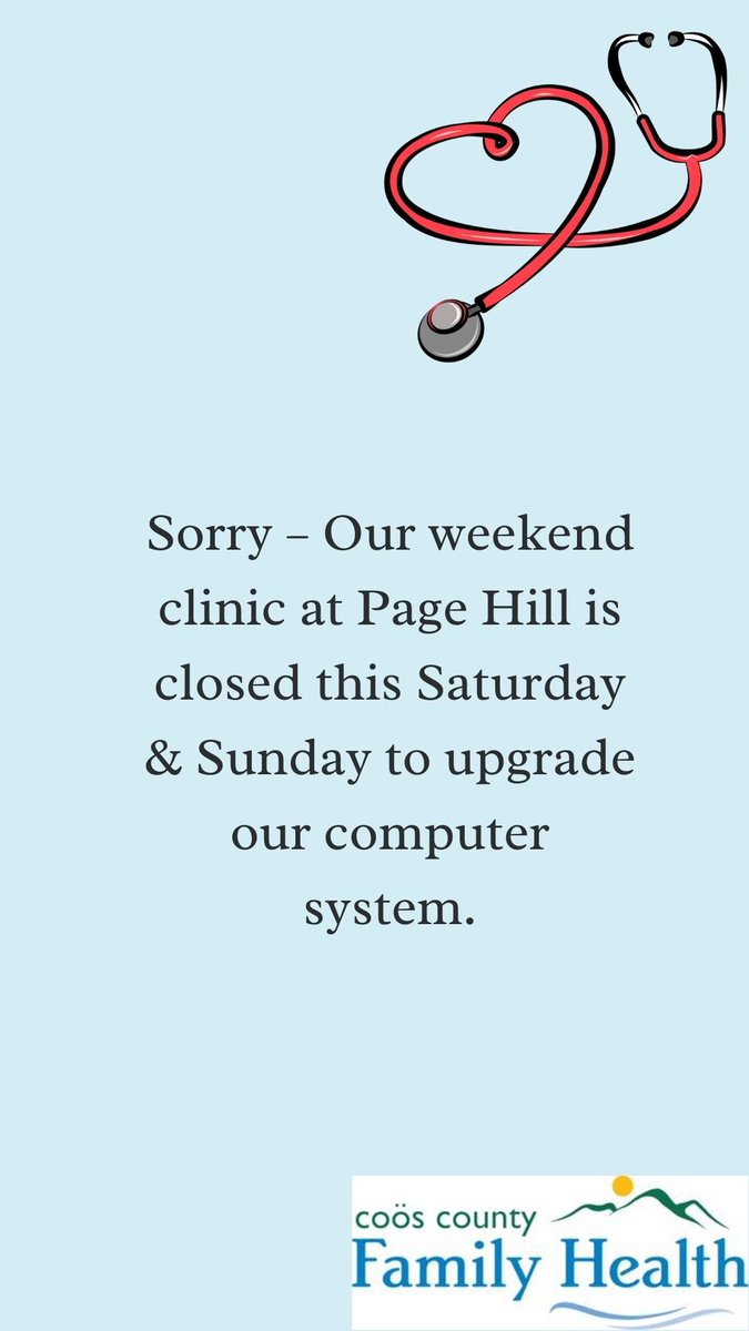 CCFHS_ORG's tweet photo. Sorry - Our weekend Clinic is closed this Saturday and Sunday to upgrade our computer system. https://t.co/qPC2kEzZlk