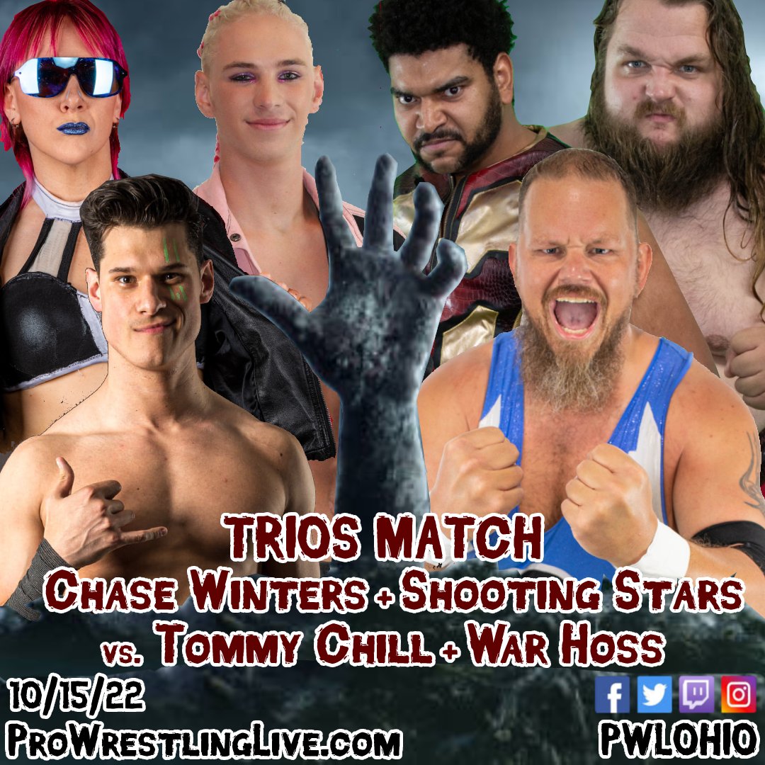 PWLOhio's tweet photo. Our final match for Pro Wrestling Dead on 10/15/22 is a Trio match, with Tommy Chill and War Hoss taking on Chase Winters and the Shooting Stars!

🎟️ https://t.co/qjybDu5OAT

#wrestling #prowrestling #columbus #ohio https://t.co/3NTncTiKE9