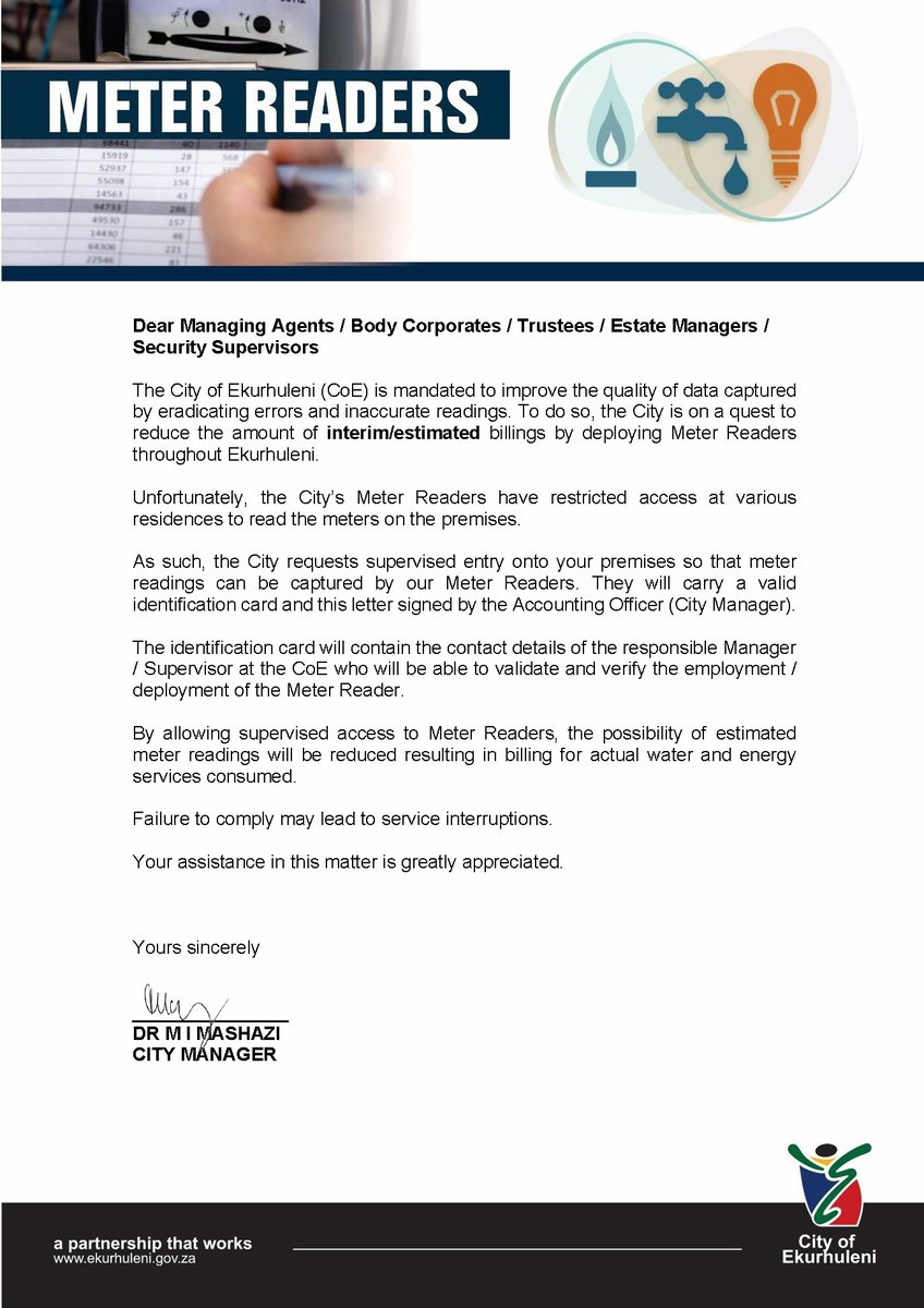 City_Ekurhuleni's tweet photo. Meter readers carry identification cards that also include the name and contact number of the #CoE official who can be contacted. In addition, they also carry a letter signed by the City Manager requesting access to the property so that the meter can be read.
#CoEMeterReading https://t.co/QQZ9Y9pTdl