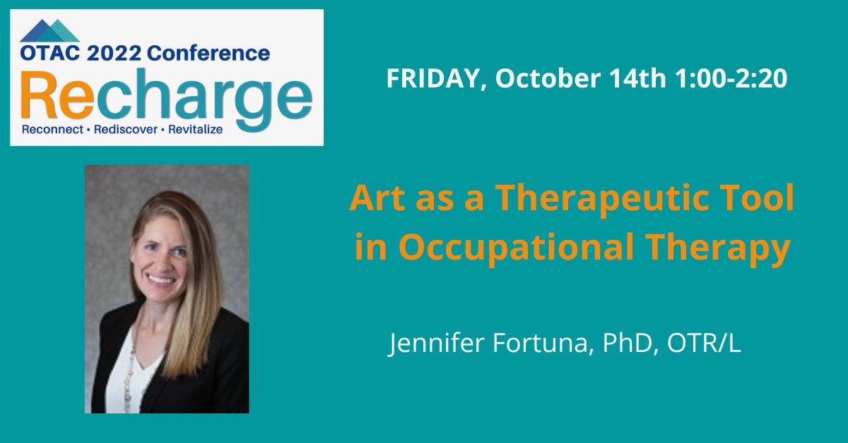 RECHARGE CONFERENCE PRESENTATION SNEAK PEAK

Jennifer Fortuna, PhD, OTR/L 
Art as a Therapeutic Tool in Occupational Therapy

Click here to register: otacco.org/event-4891719...

See the full agenda of presentations! Click here for the agenda: otacco.org/page-1075420
