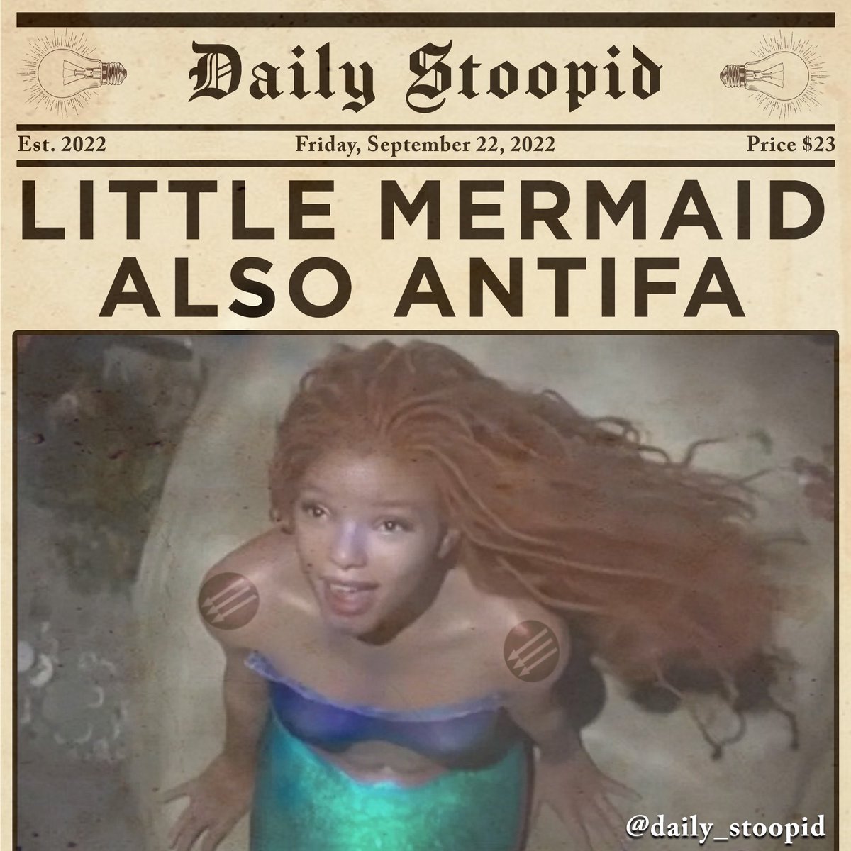 daily_stoopid's tweet photo. Little Mermaid Also Antifa
#disneylittlemermaid #antifa #littlemermaid #antifamemes #ironfront #blacklittlemermaid #satire #funnymemes #comedymemes https://t.co/yxINdtdbVp