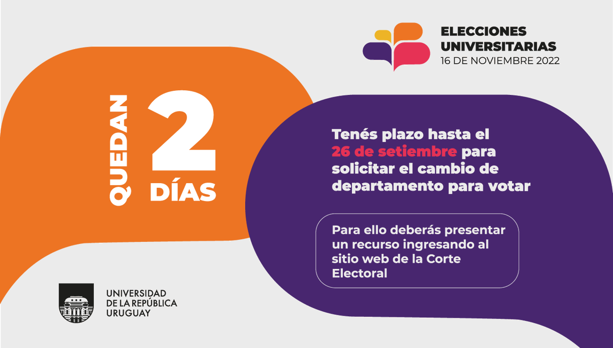 Udelaruy's tweet photo. 🗳️ Se vienen las #EleccionesUniversitarias2022

⚠️ Recordá que hasta el lunes 26/09 podés solicitar 𝐜𝐚𝐦𝐛𝐢𝐚𝐫 𝐞𝐥 𝐝𝐞𝐩𝐚𝐫𝐭𝐚𝐦𝐞𝐧𝐭𝐨 que te fue asignado en el padrón 👇 https://t.co/uy0SkyZBTt

ℹ️  Toda la información en: https://t.co/lncqrtsLmt https://t.co/Vy0rl8i5sH