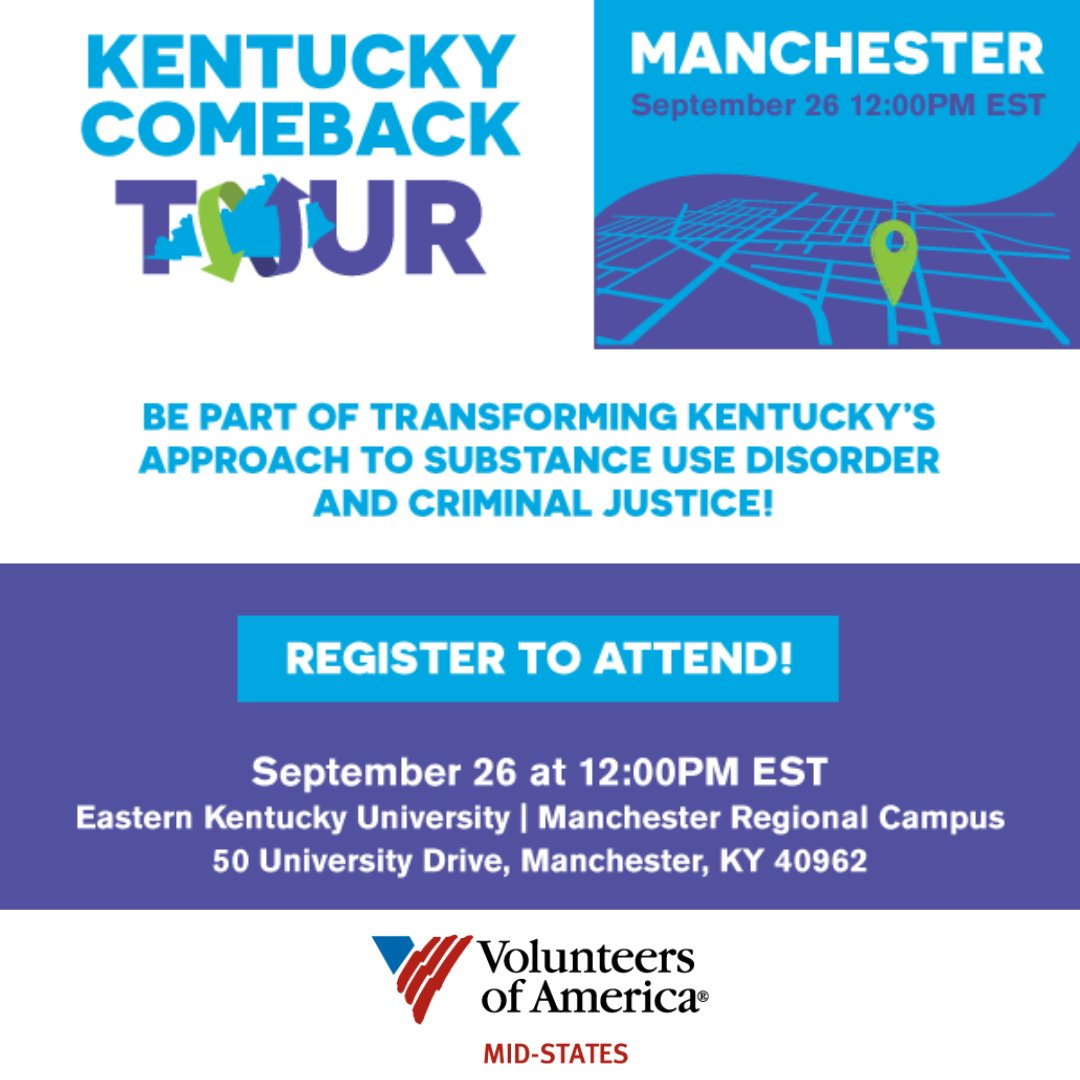 voamid's tweet photo. The KY Comeback Tour is 3 days away! Save the date &amp; join KY legislators Monday at @EKUManchester. Visit https://t.co/N316VnYKuk to RSVP &amp; be a part of the discussion on how we can help Kentuckians overcoming substance use disorder find recovery &amp; live healthy  lives. #recovery https://t.co/d2SDDfIGWa