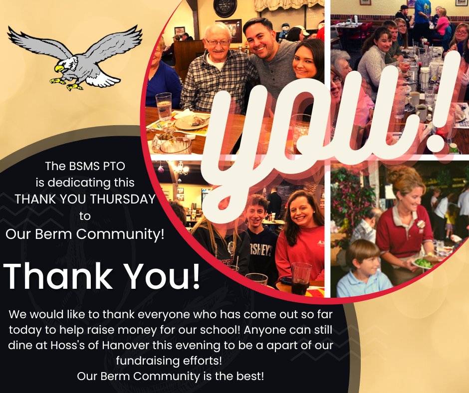 We would like to thank everyone who has come out so far today to help raise money for our school! Anyone can still dine at Hoss's of Hanover this evening to be a apart of our fundraising efforts!  (just show them this email bit.ly/3qsaqv6 to be counted with our group!)