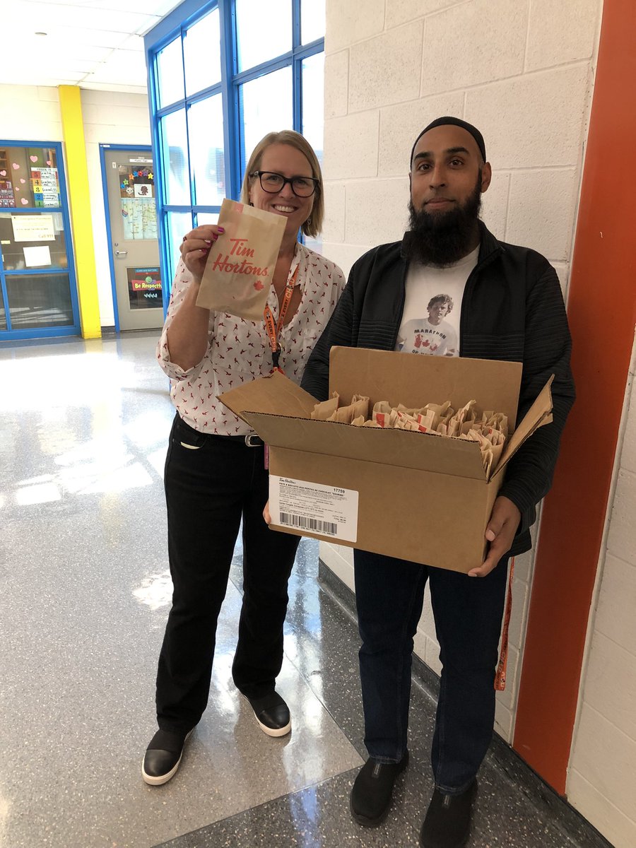 Our Principal Ms. McCrory &amp; VP Mr. Ahmad surprised staff today by giving each of them a <a href="/TimHortons/">Tim Hortons</a> #SmileCookie! <a href="/Food4KidsHamOnt/">Food4Kids Hamilton</a>