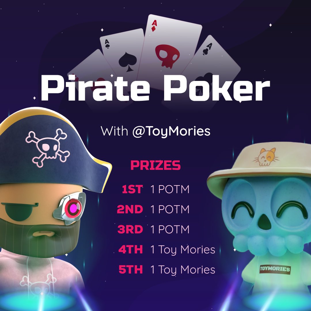PiratesMeta's tweet photo. Pirate Poker Tonight ! ♣️♥️♠️♦️

Join us and partners the @ToyMories at 8 pm EST for an evening of competition &amp; prizes ! 

To Join: https://t.co/aVKqq0bl5w

All winners should open a ticket in the Pirates discord - please make sure to register w/ your discord ID ! https://t.co/YpcLzP4bfB