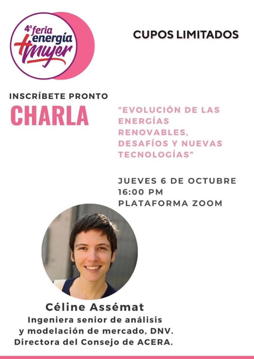 📌 La directora del Consejo de <a href="/ACERAAG/">ACERA A.G.</a>, <a href="/CelineAssemat/">Céline Assémat</a>, dictará la Charla "Evolución de las Energías Renovables, desafíos y nuevas tecnologías" en la 4ta Feria Laboral Energía + Mujer. 👷‍♀️

🗓️6 de octubre (16:00 hrs)
Inscríbete aquí▶️ lnkd.in/eV4AKqH5