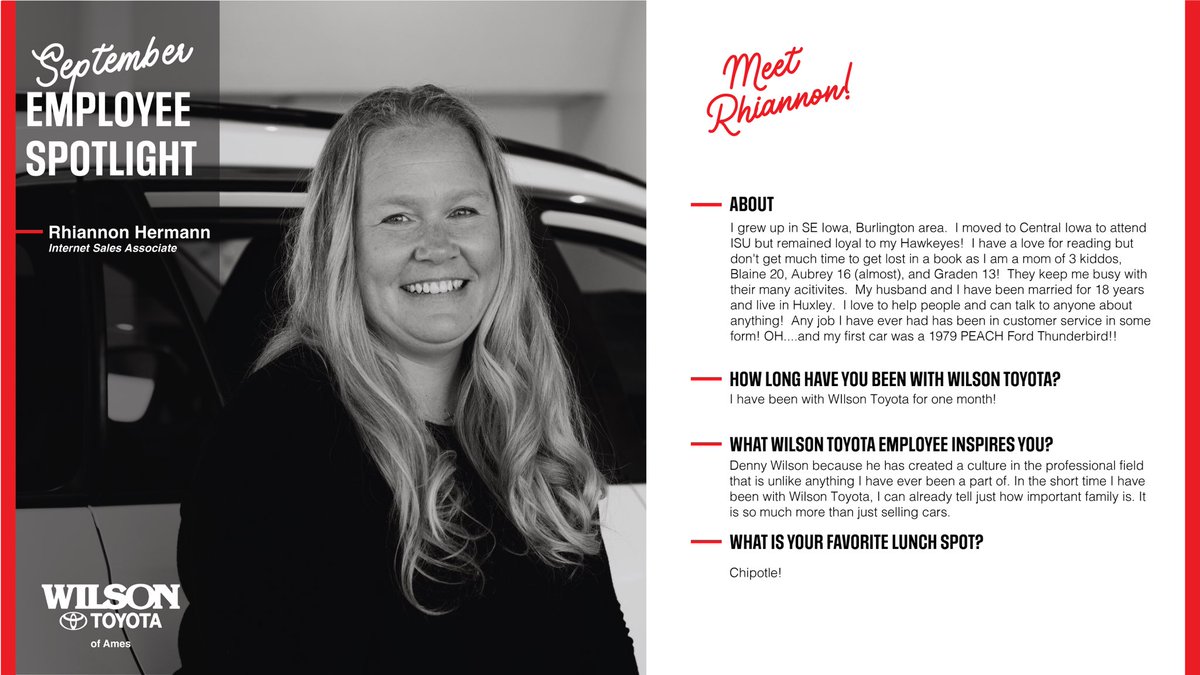 WilsonofAmes's tweet photo. Meet our September employee spotlight, Rhiannon. We are so grateful for the energy you bring to the office! https://t.co/2XGH2LVfcb