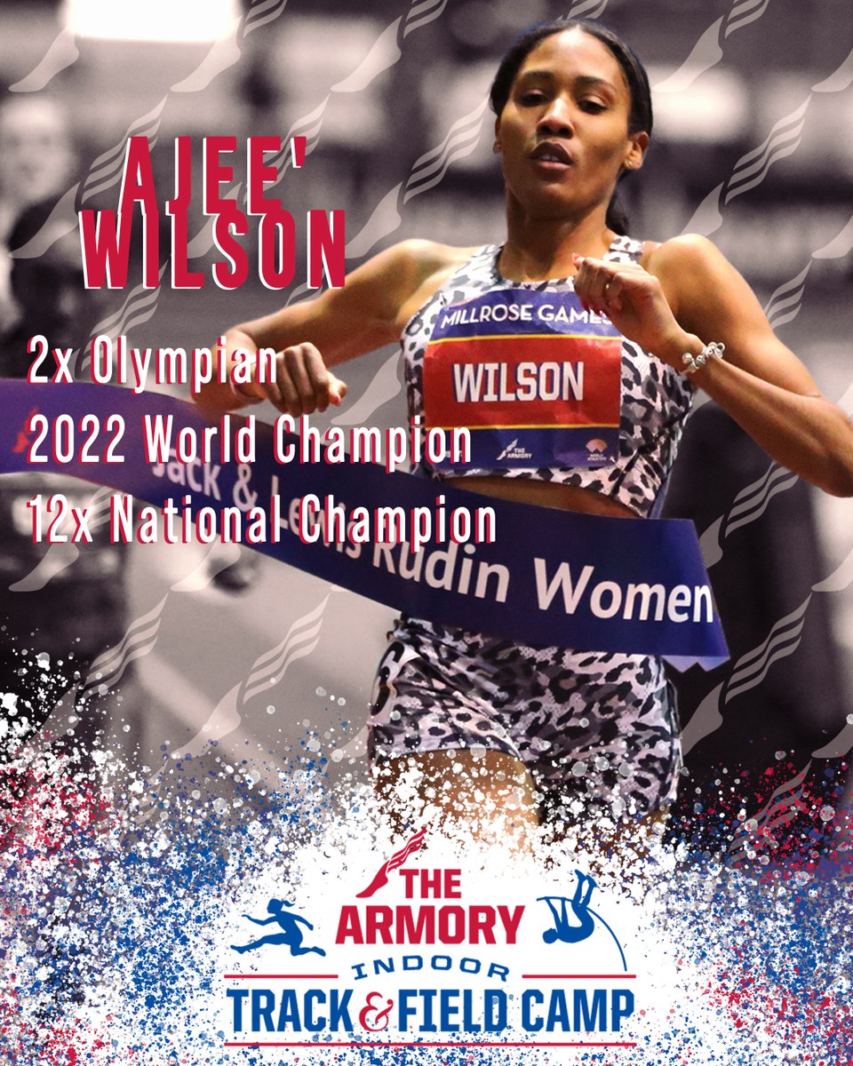 One of the most accomplished middle distance athletes.  2x Olympian & 2022 World Indoor Champ, Ajeé Wilson @AjeeW .  She’s excited to be back coaching at our Armory Camp in November. Register NOW - armory.tf/camp Ages: 14-18 (High School) #armorycamp #trackandfield