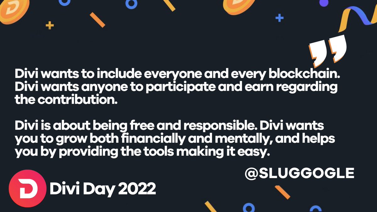 DiviProject's tweet photo. Happy Saturday!
For #DiviDay2022, we asked all of you what your favorite aspect of $DIVI is. @Sluggogle said it perfectly. π«Ά
Cheers, Sluggogle, and thank you for being part of this amazing community! π€
Only 3 days until #DiviDayπ https://t.co/hvylLIUzzm