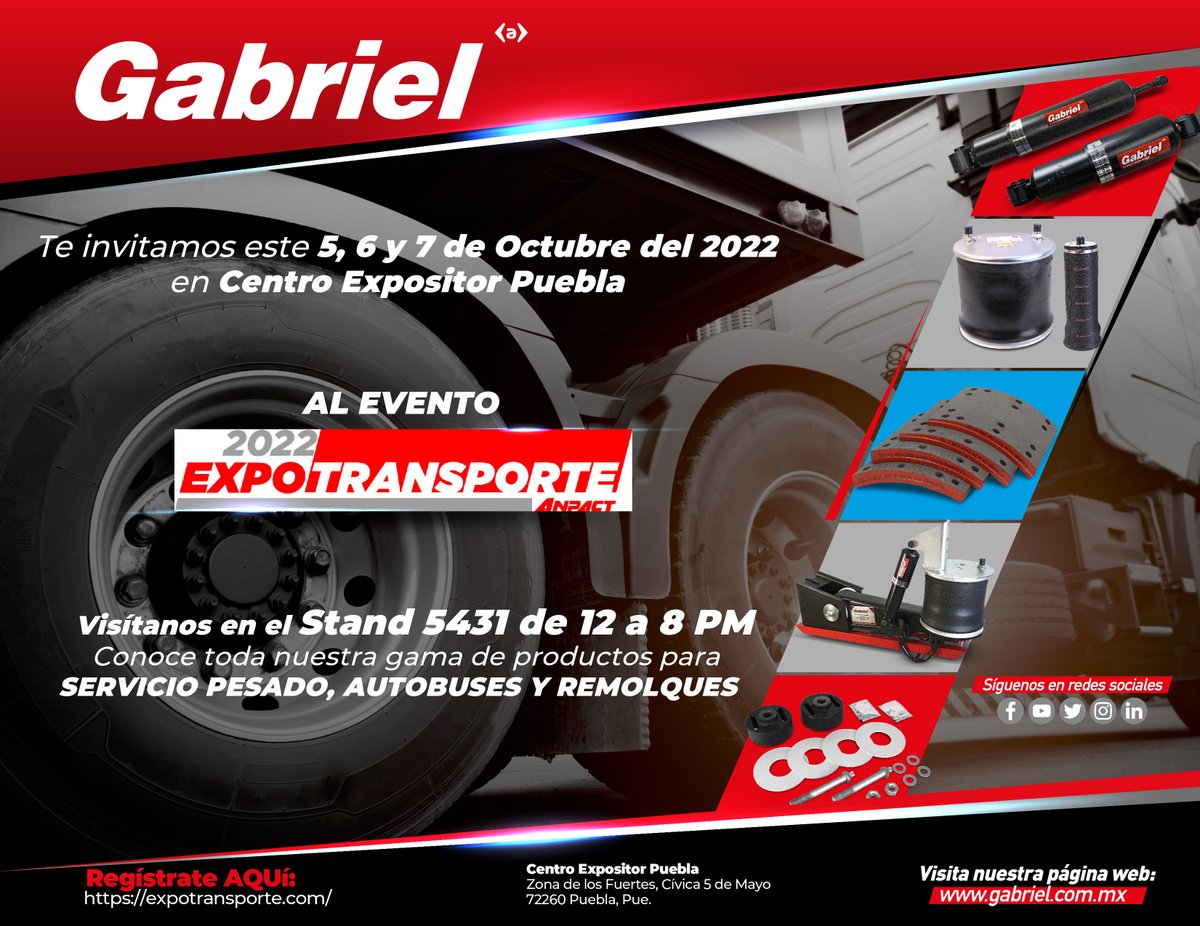 GabrieldeMx's tweet photo. Te invitamos este próximo 5, 6 y 7 de Octubre a visitarnos en el EXPO TRANSPORTE 2022, en el Centro Expositor Puebla. 
Conoce toda nuestra gama de productos para servicio pesado, autobuses y remolques. #Gabriel #MasqueAmortiguadores
Regístrate en https://t.co/OWgW7R4HIU https://t.co/XuRjrGeYLK