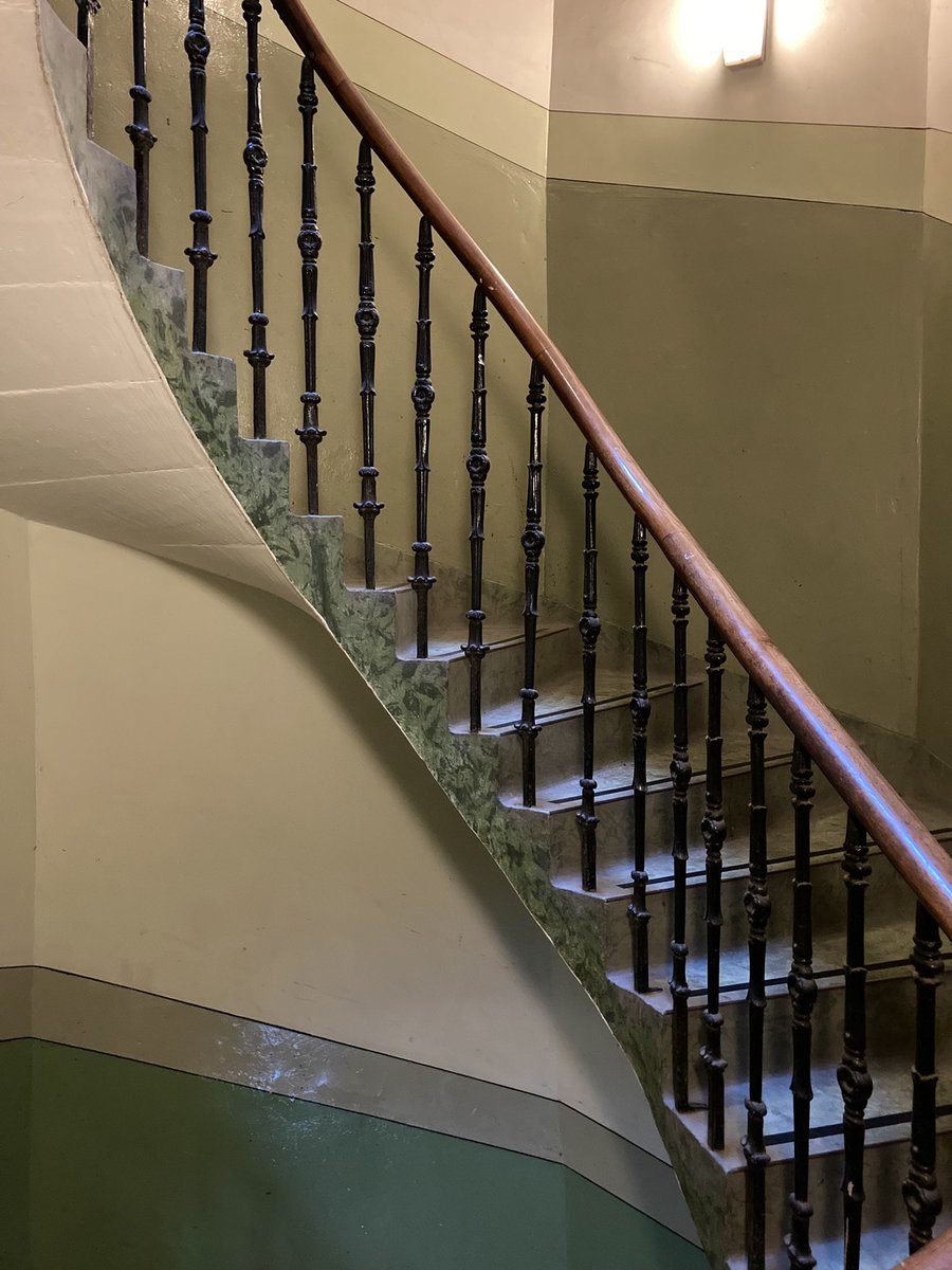 Come to marvel at the audacity of the paint colour changing halfway up the stairwell, stay for the stairs themselves, like a mint cream fondant drawn upwards by some higher power for purposes mysterious and ineffable. Dalry.