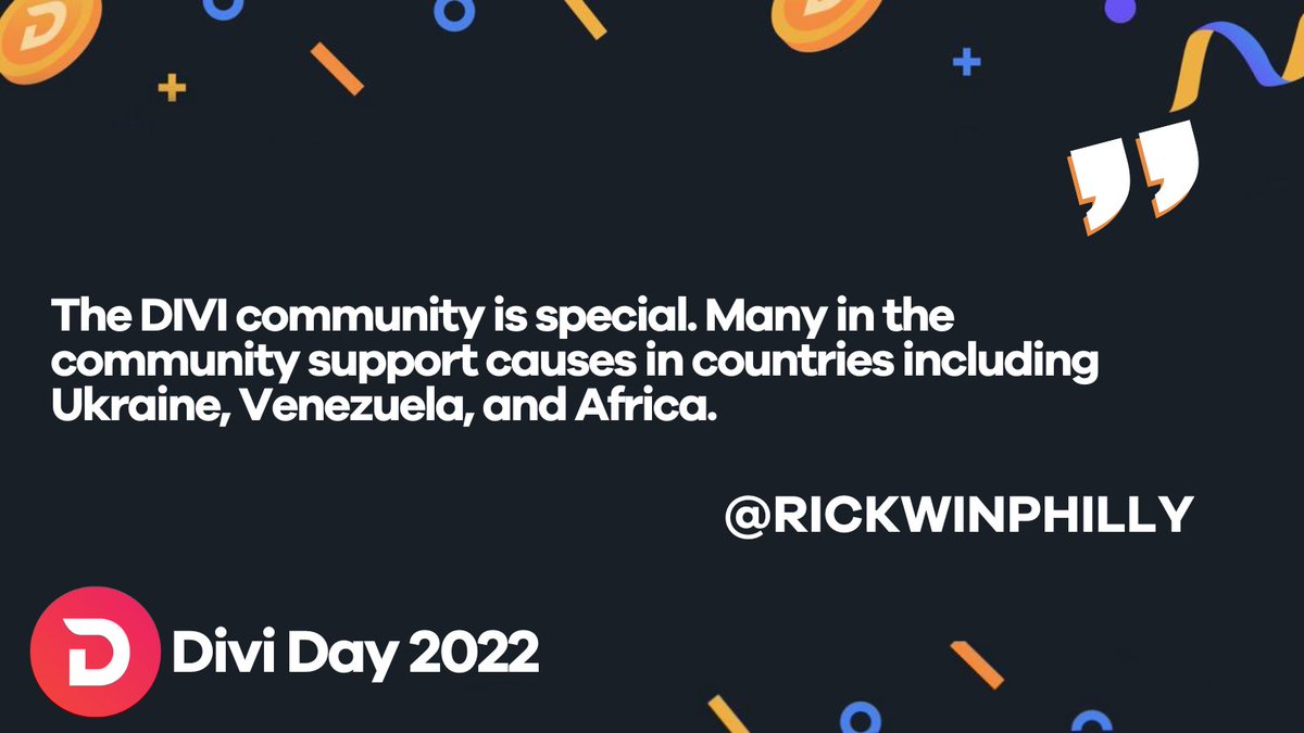 DiviProject's tweet photo. For #DiviDay2022, we asked all of you what your favorite aspect of $DIVI is. @rickwinphilly
loves the philanthropic nature of this #Community. π€
Cheers, Rick, and thank you for being part of it. πͺ
Only 3 days until #DiviDay π https://t.co/tQt8BRhdOc