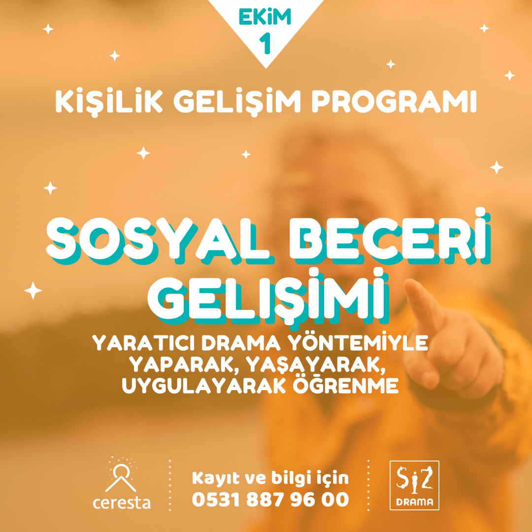 Kişilik Gelişim Programı sosyal, duygusal gelişimi merkeze alan bir program. Yani tamamen sosyal becerilere odaklanıyor. 
Kayıt ve bilgi için arayınız; 0531 887 96 00
#Ceresta #SizDrama